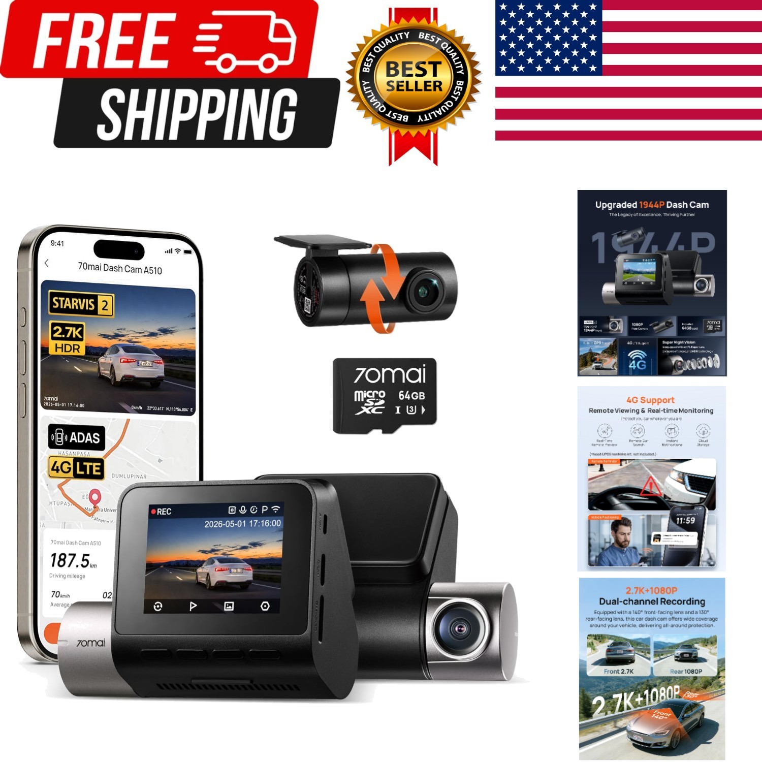 Dash Cam Front and Rear A510,1944P+1080P with STARVIS 2 and 64GB Card, Dash C…