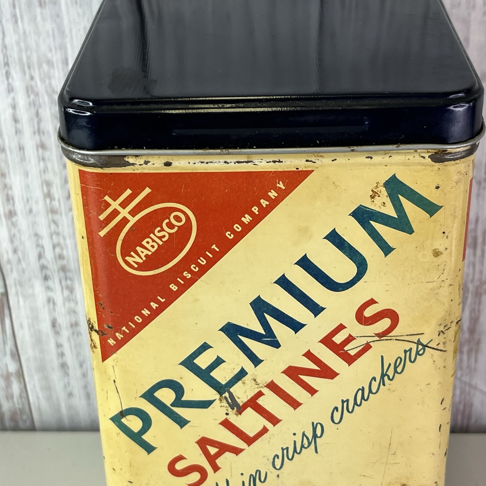 Vintage Nabisco Premium Saltines Metal Tin Black Lid 9in tall Rustic Farmhouse
