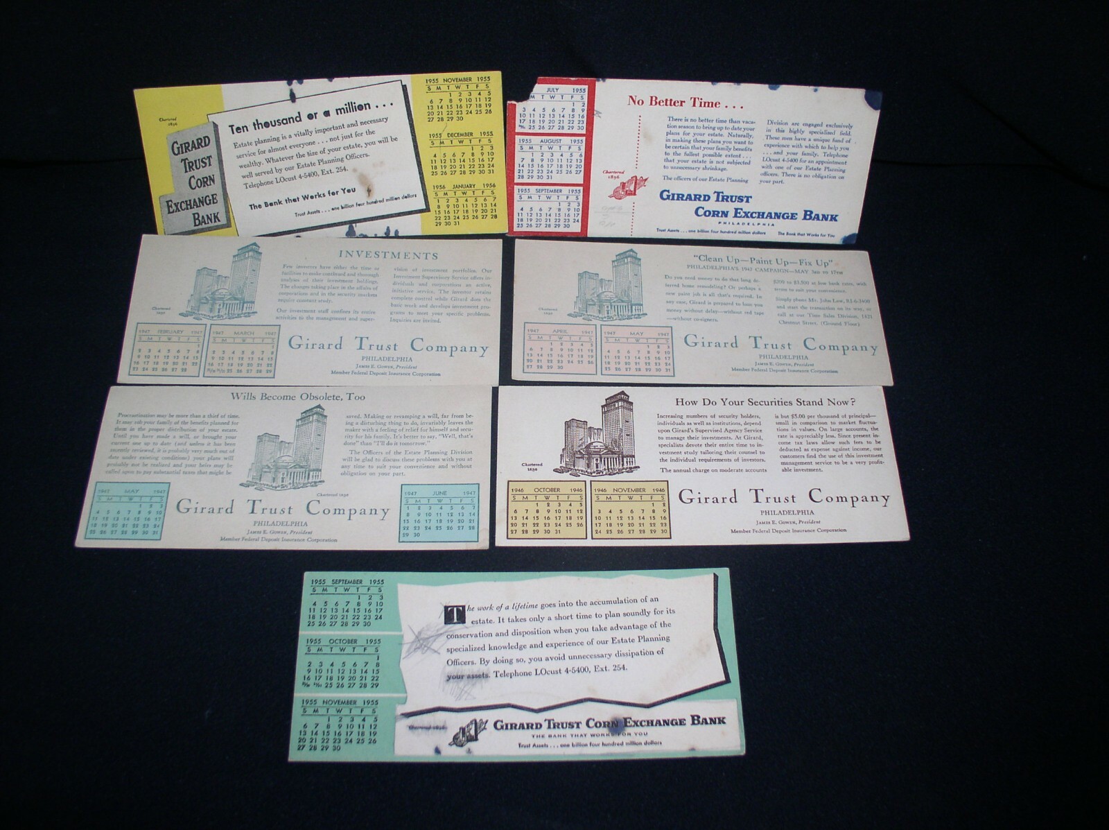 Girard Trust Company, Philadelphia Lot of 7 Ink Blotter Ads~4 Unused ~1940s-50s