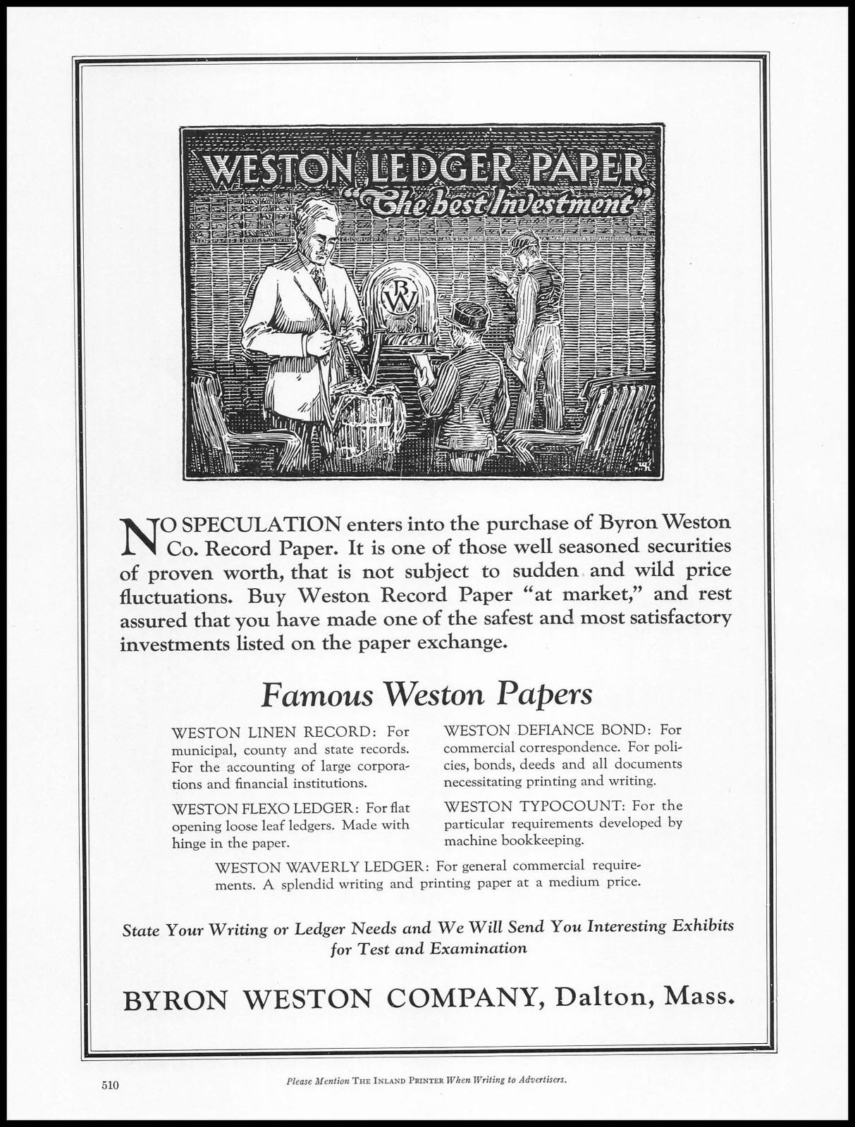 1923 The Byron Weston Company Dalton Massachusetts Ledger Paper Vintage Print Ad