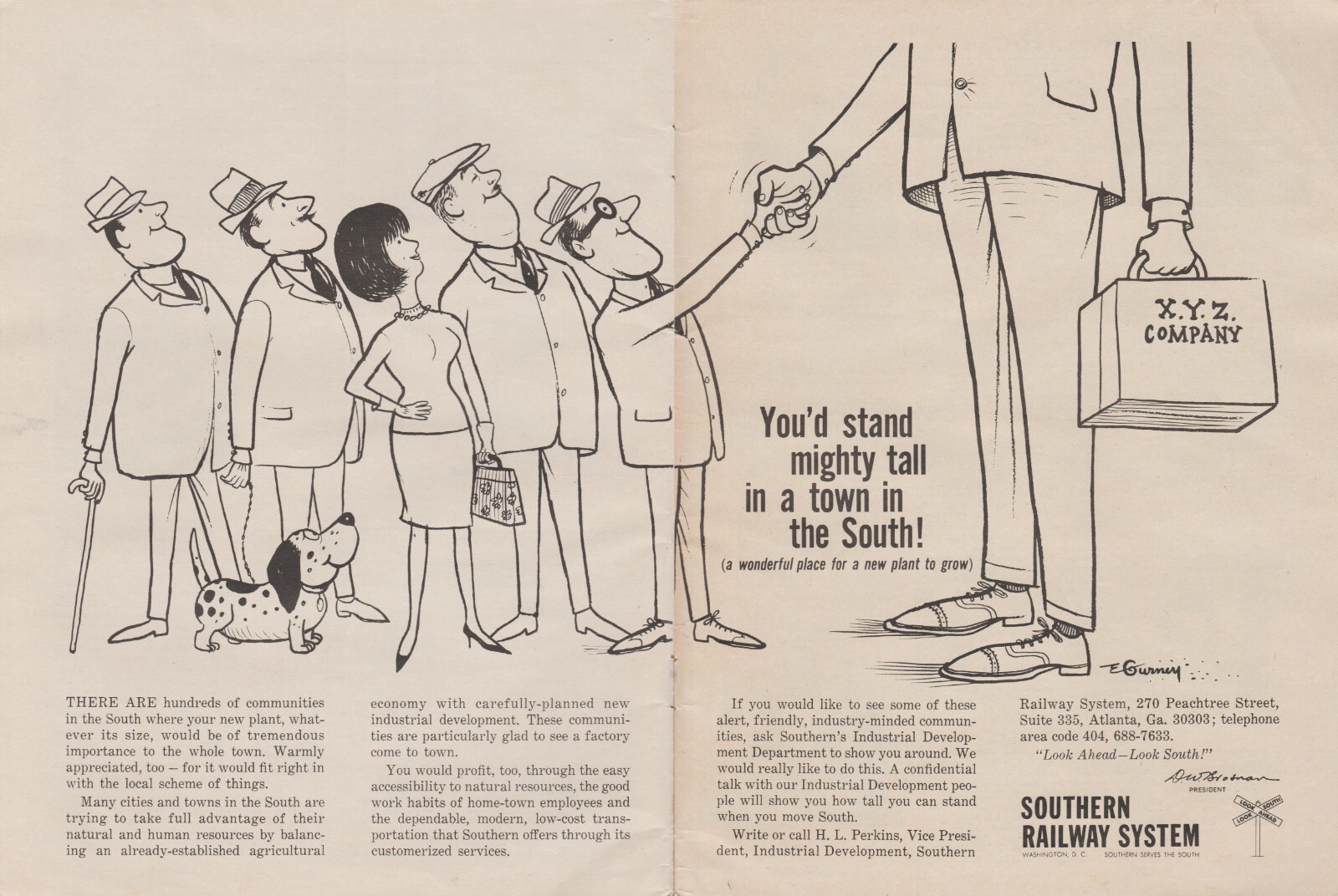 1965 Southern Railway System – “Stand Mighty Tall” – 2 Page Cartoon Art Print Ad