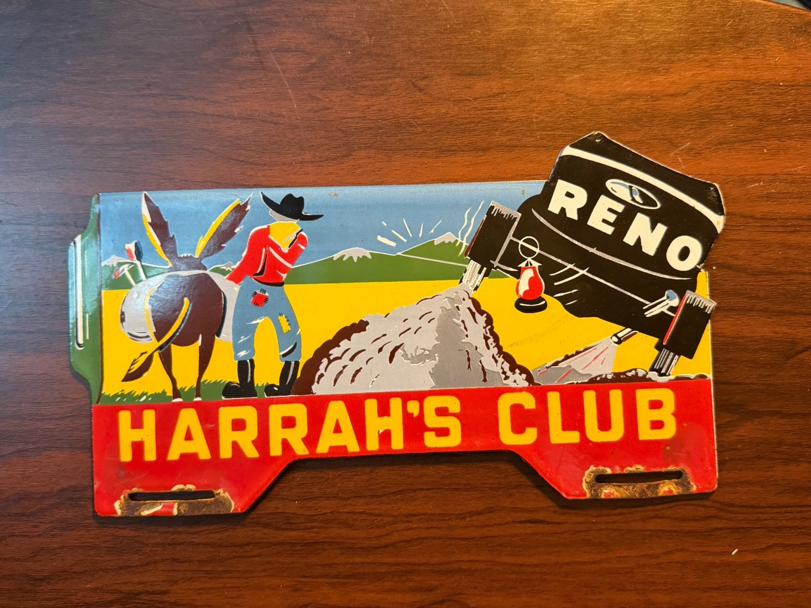 VINTAGE HARRAHS CLUB PORCELAIN SIGN OLD RENO CASINO LAS VEGAS WESTERN TAG TOPPER