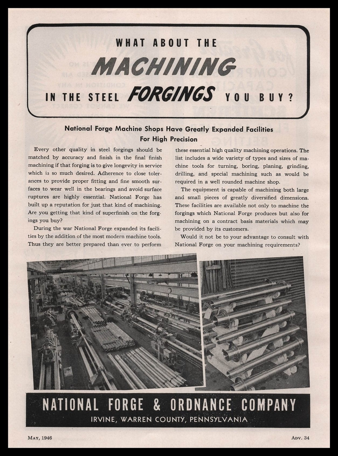 1946 National Forge & Ordnance Steel Forgings Pennsylvania Plant Photos Print Ad
