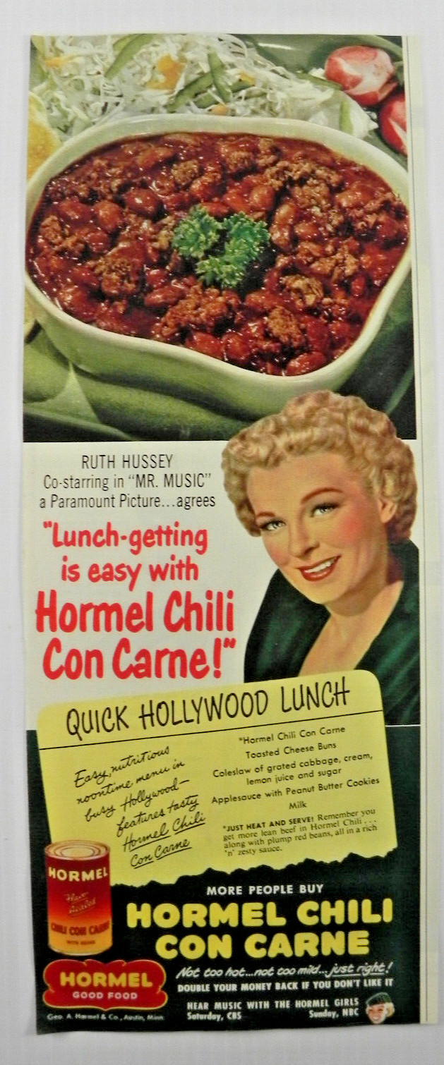 1951 Hormel Chili Con Carne Print Ad ~ “Lunch is Getting Easy!” Ruth Hussey