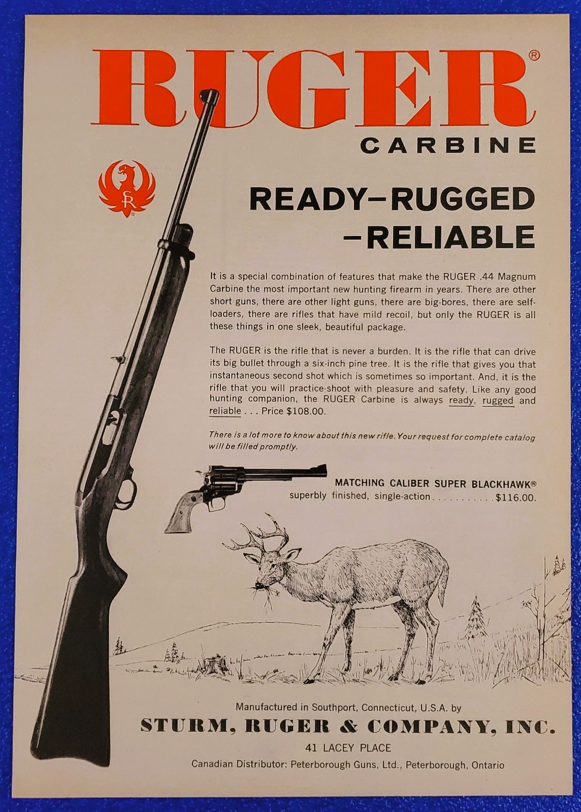 1962 Ruger .44 Magnum Rifle & Super Blackhawk Pistol Deer Hunting Retro Gun Ad