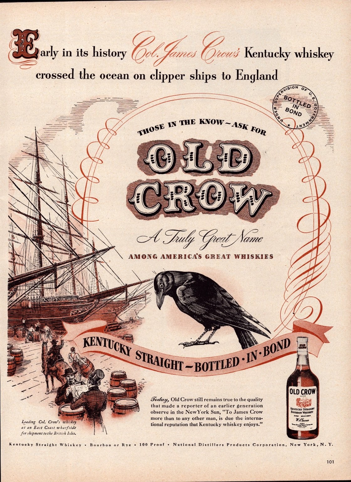 Old Crow Kentucky Whiskey Life Magazine Ad Print Clipper Ship 1947 Vintage