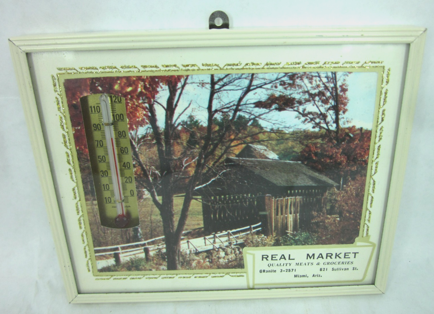Vtg Glass sign REAL MARKET Miami Arizona mining town thermometer covered bridge