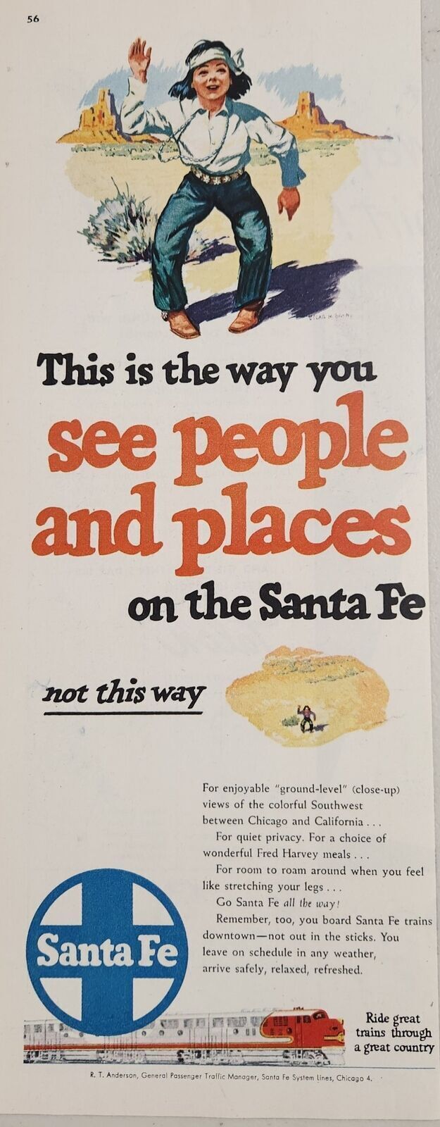 1950 Print Ad Santa Fe Railroad Trains Native American Boy Waves in Desert