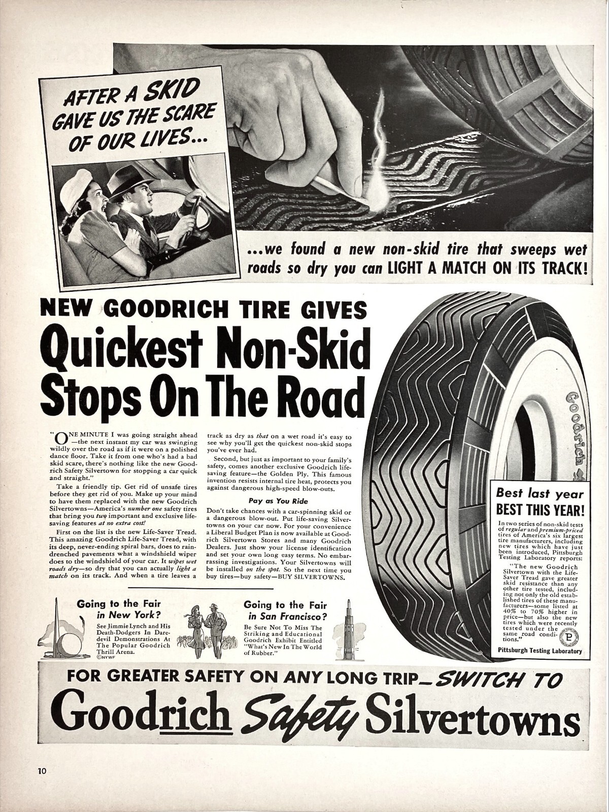 Goodrich Tires Safety Silvertowns Pittsburgh Testing Lab Vtg Magazine Print Ad