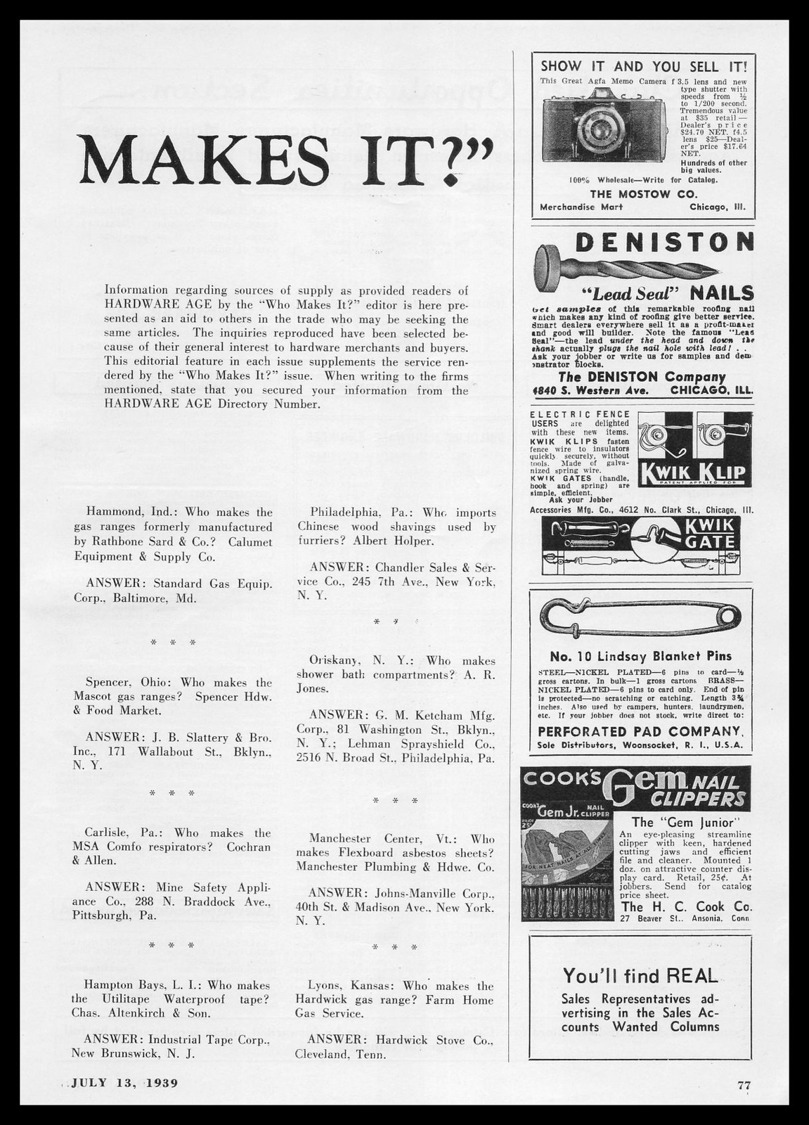 1939 Perforated Pad No. 10 Lindsay Blanket Pins Woonsocket Rhode Island Print Ad