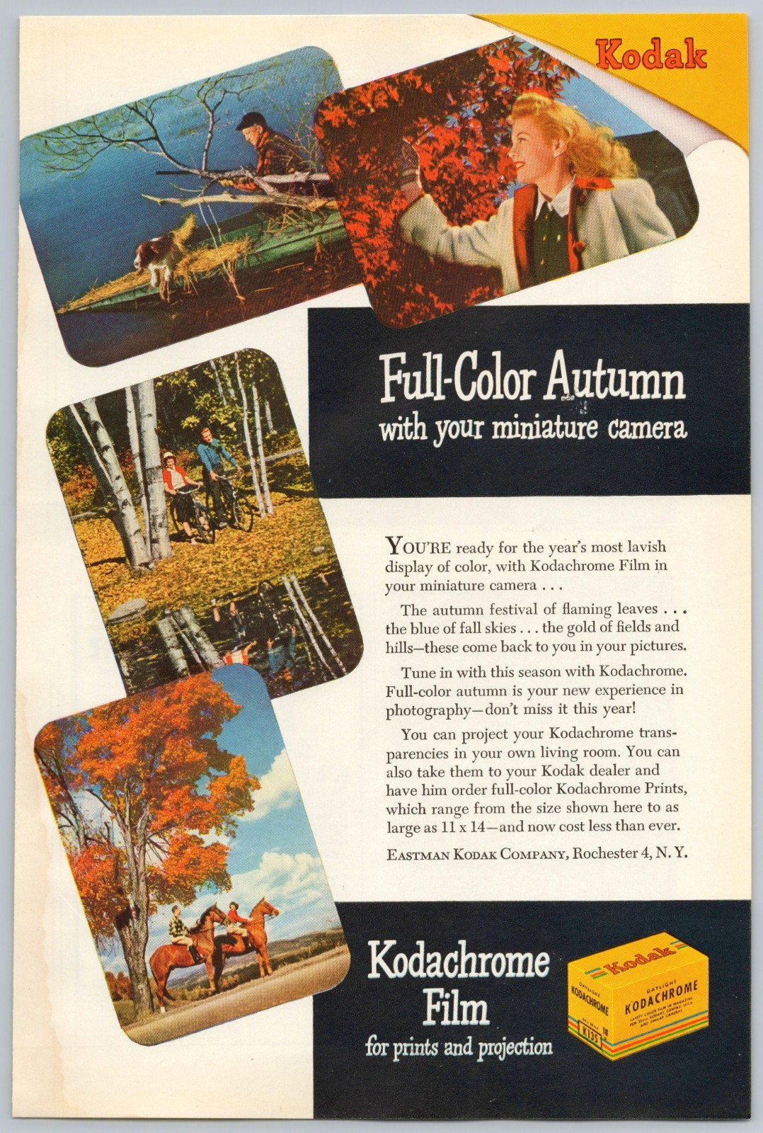 1946 Kodak Kodachrome Film Vintage Print Ad Fall Colors Hunter Bicycles Horses