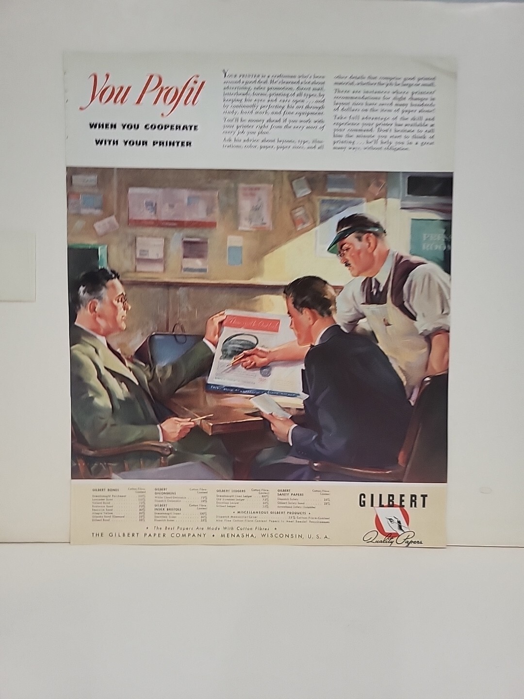 1942 Gilbert Quality Papers Fortune WW2 Print Ad Q2 Printer Profit Menasha
