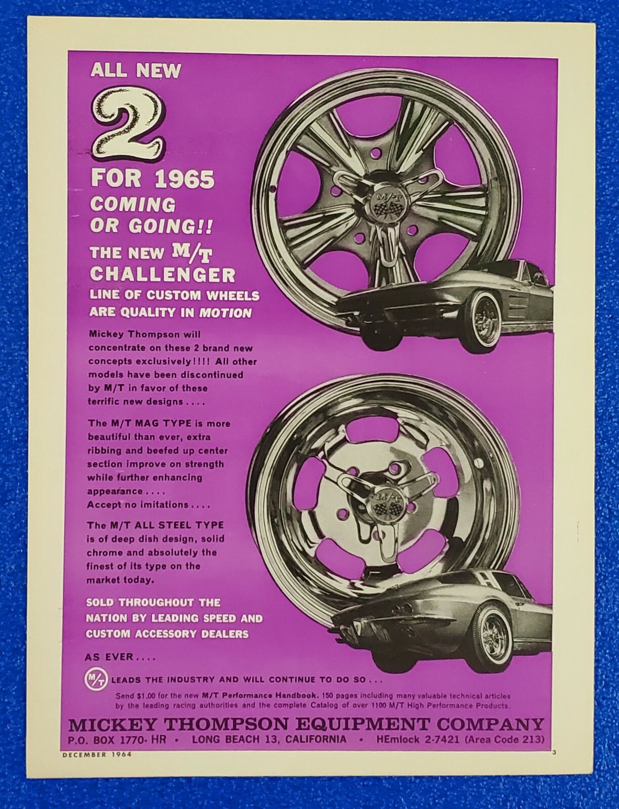 1964 MICKEY THOMPSON “CHALLENGER” CUSTOM RACING WHEELS / RIMS CLASSIC PRINT AD