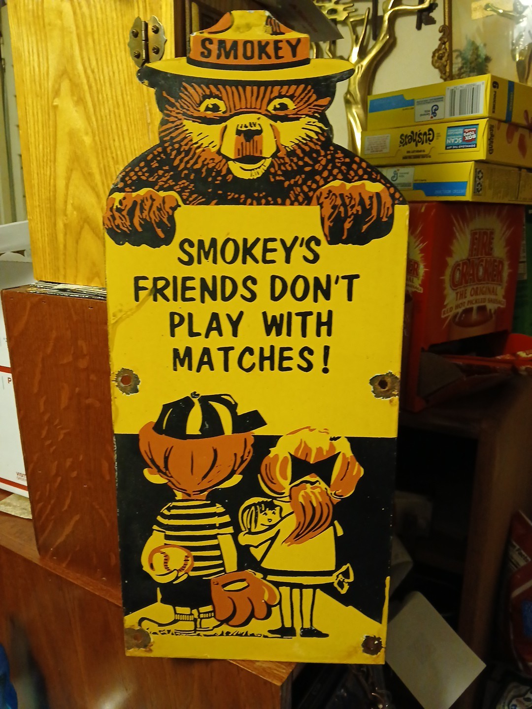 VINTAGE LARGE SMOKEY BEAR PORCELAIN SIGN FOREST SERVICE NATIONAL PARK DIECUT 16″