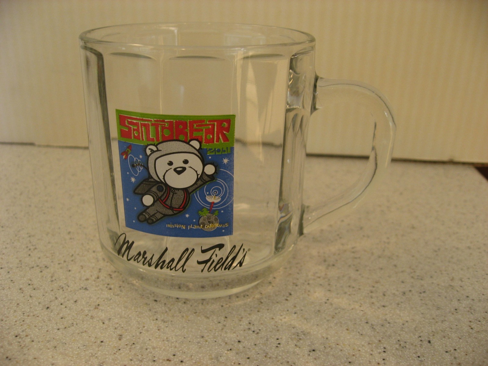 Vtg Marshall Field’s Santa Bear Mission Planet Christmas Clear Glass Coffee Mug