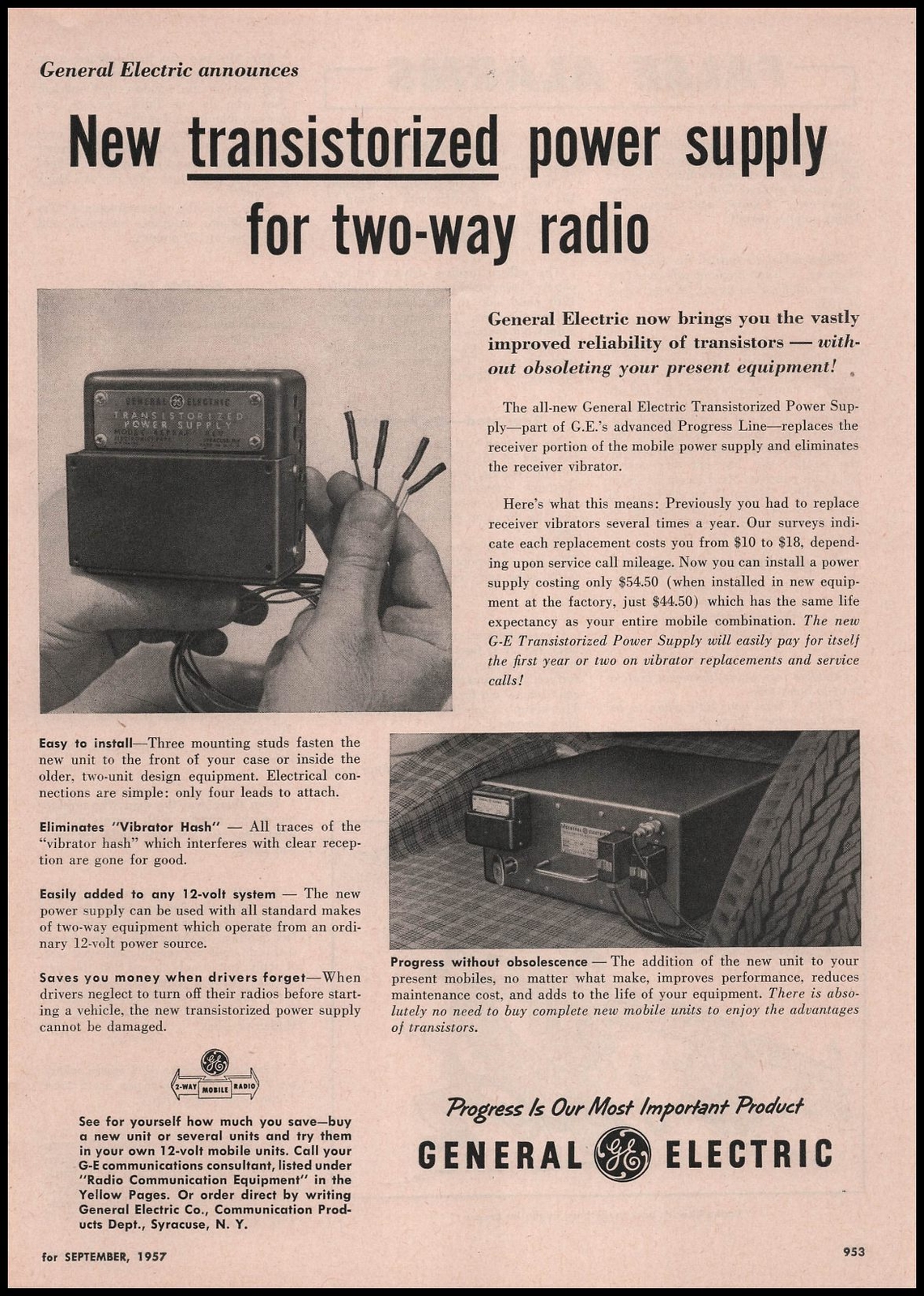1957 General Electric Transistorized Power Supply For 2-Way Vintage Print Ad