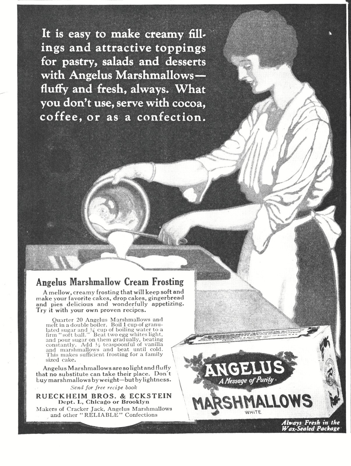 1921 Rueckheim Angelus Marshmallows Antique Print Ad Cream Frosting