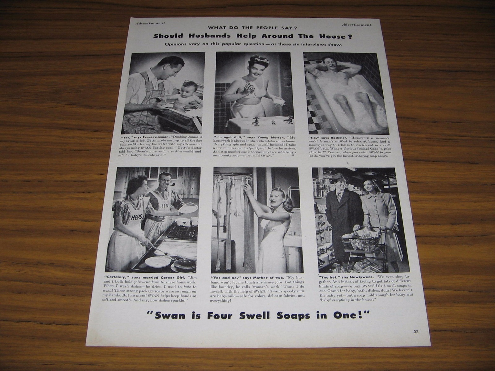 1946 Print Ad Swan Floating Bar Soap Should Husbands Help Around the House?