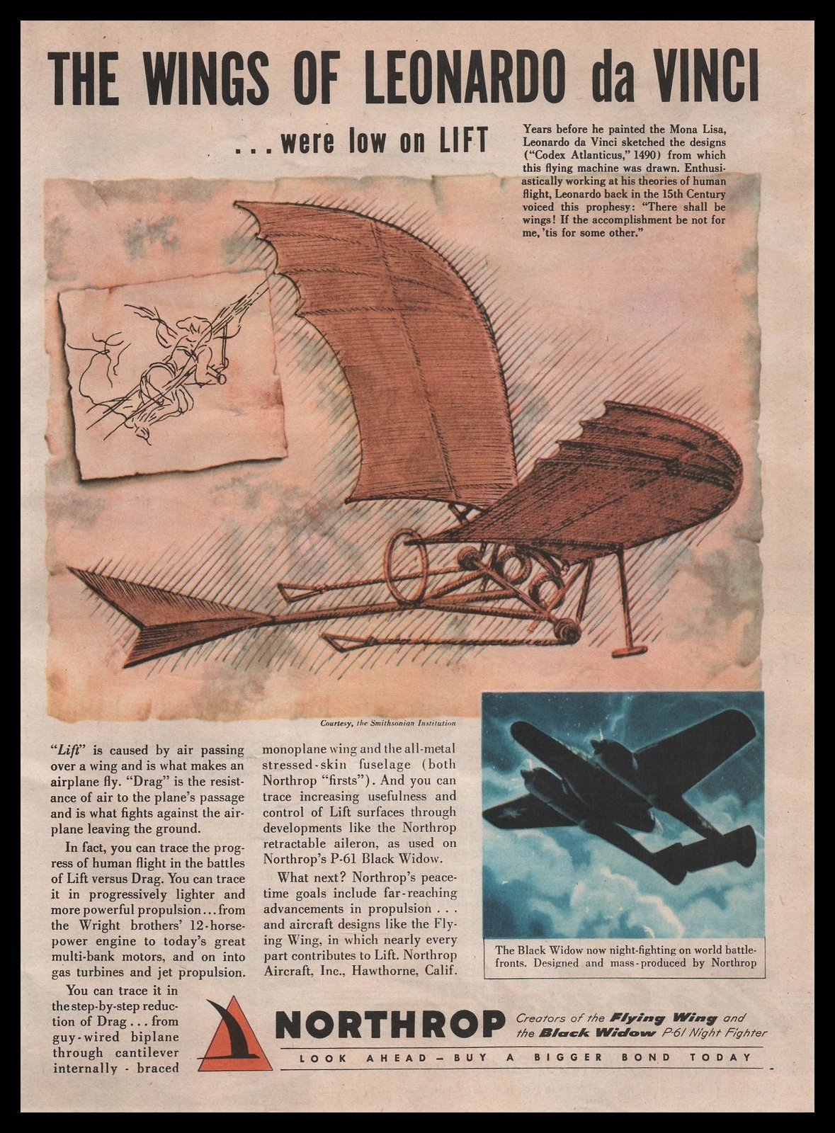 1945 Northrop P-61 Black Widow Leonardo Da Vinci Codex Atlanticus Plane Print Ad
