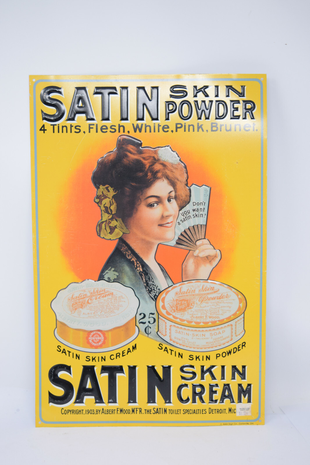 Rare Vintage SATIN SKIN Powder Cream Colorful Tin Embossed Sign Advertising