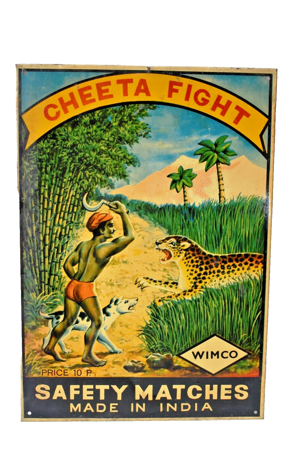 Vintage Cheeta Fight Hunting Wimco Safety Matches Advertising Tin Sign Rare Ad”1