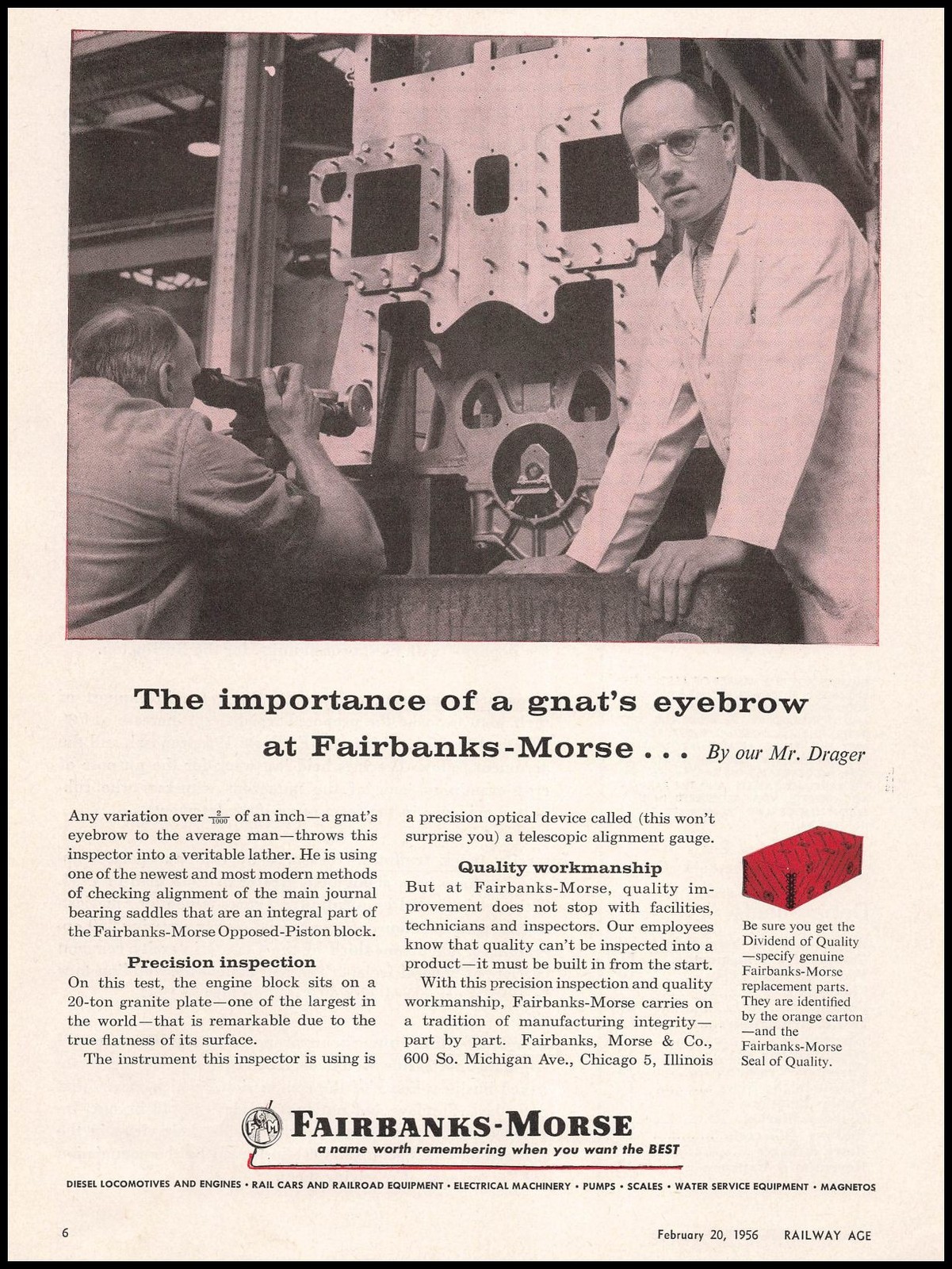 1956 Fairbanks & Morse Co. Chicago Photo Railroad Opposed Piston Block Print Ad