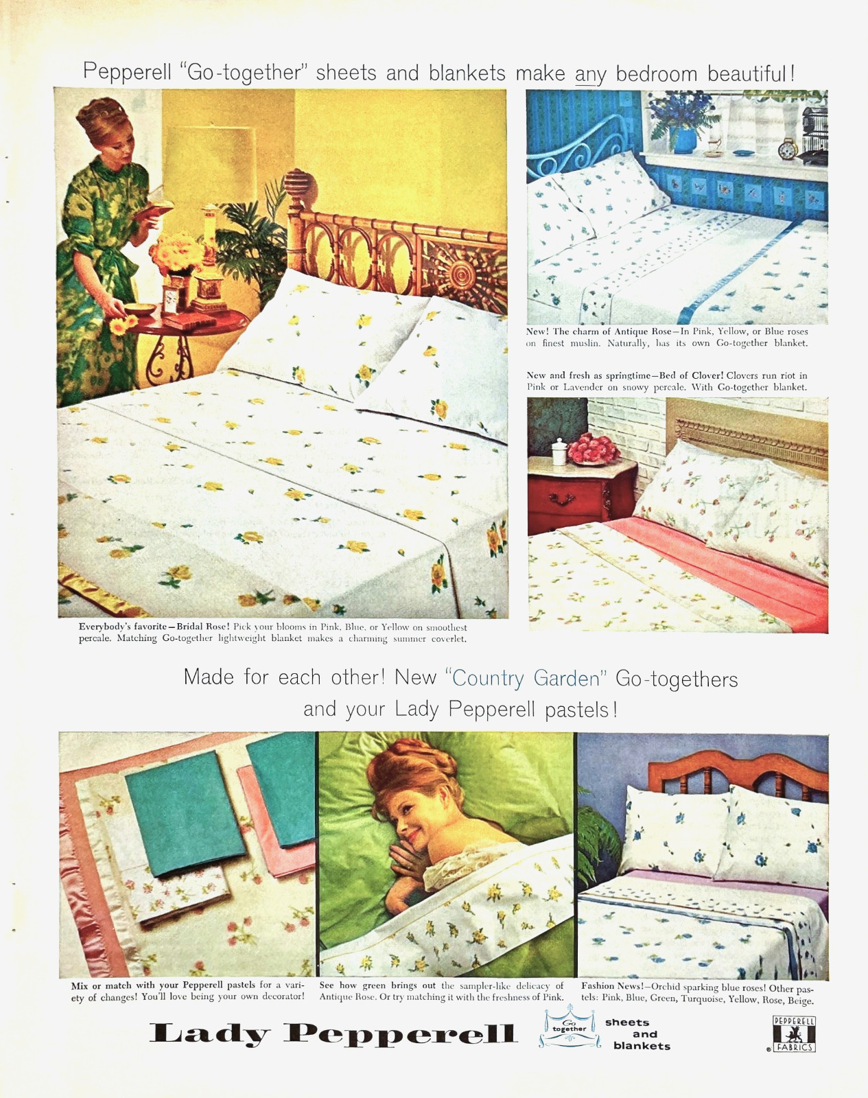 Lady Pepperell Country Garden Sheets Blankets 1960 McCall’s Magazine Print Ad