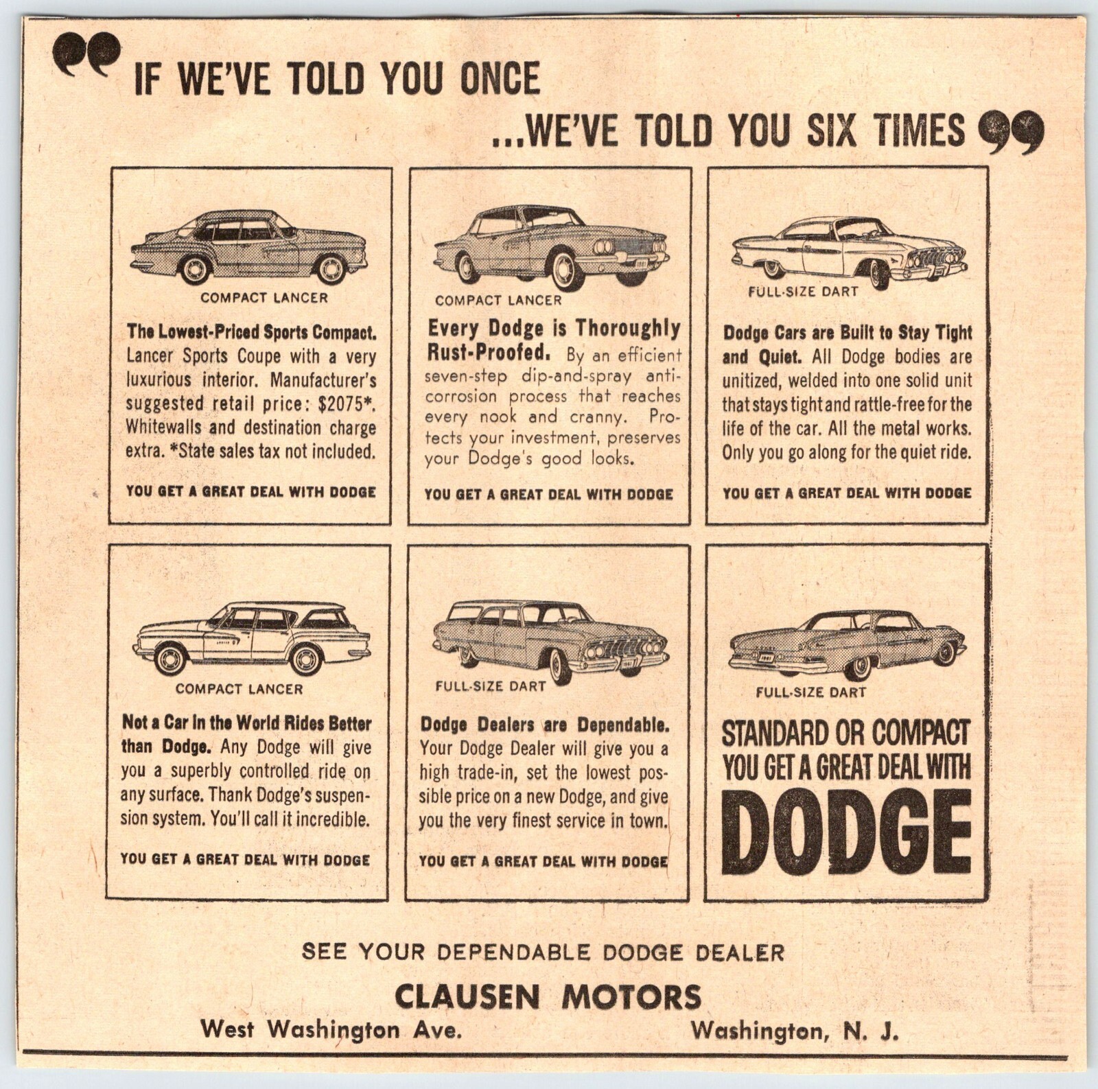 60’s DODGE DEALER CLAUSEN MOTORS WASHINGTON NJ AD Vtg 7″X7″ Newspaper Clip M274