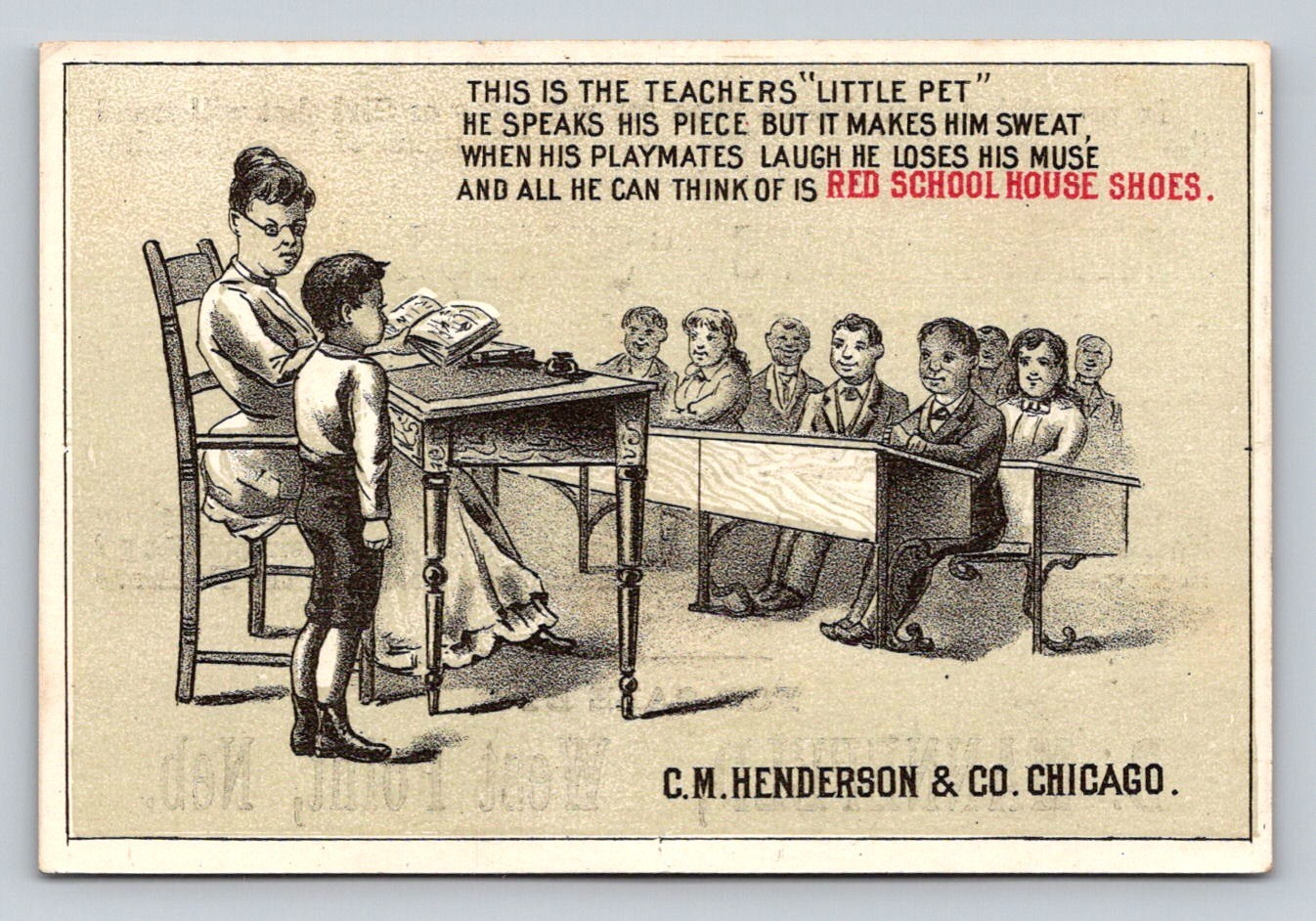 C M Henderson Red School House Shoes Teacher Class Mannefeld Trade Card P848