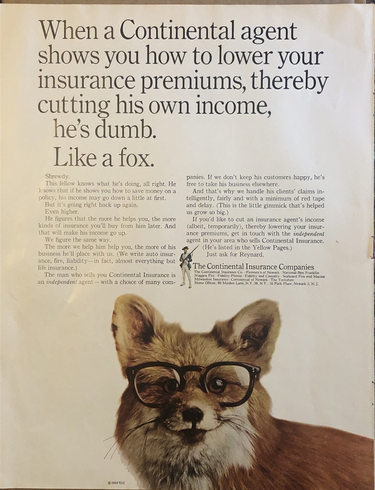 1964 Continental Insurance Companies PRINT AD Agent Dumb Like A Fox VTG 1960s