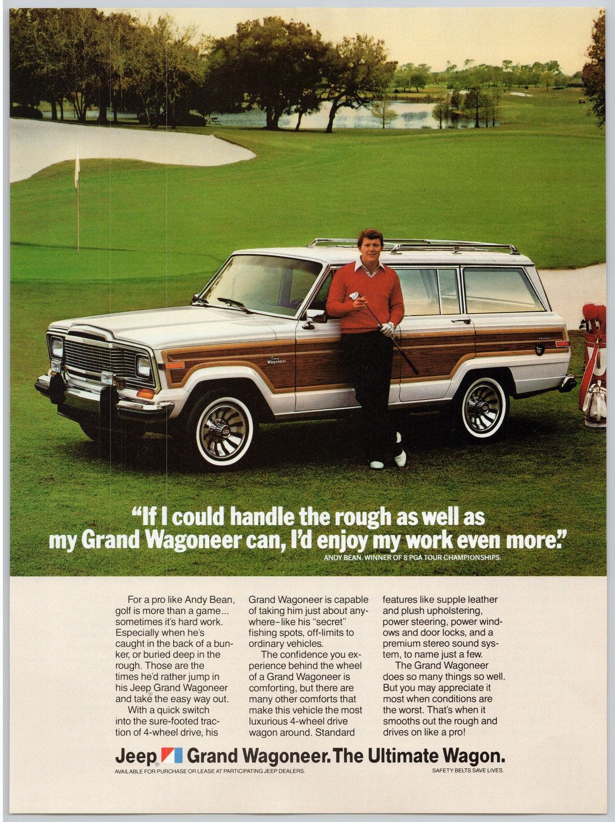 Grand Wagoneer Jeep Andy Bean Golf 4×4 Luxury Wagon 1984 Vintage Print Ad