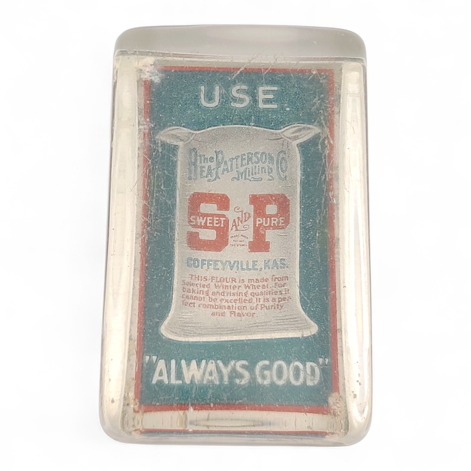 VINTAGE ADVERTISING PAPERWEIGHT MIRROR S&P PATTERSON MILLING POCKET