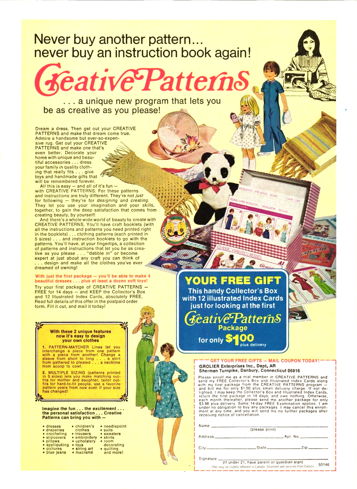 Grolier Ent. Danbury CT ’77 Print Ad Creative Patterns Sewing Design Program 526