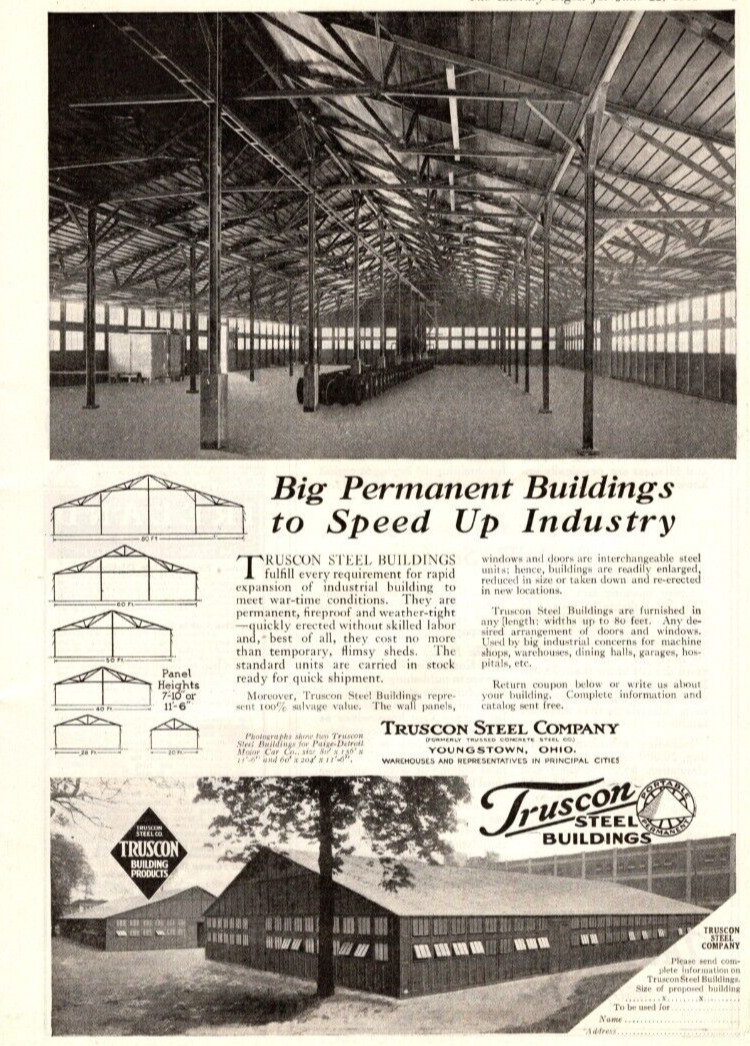 1918 TRUSCON STEEL CO. BUILDINGS PRINT AD, PLANT, INDUSTRY, OHIO, VTG PRINT AD
