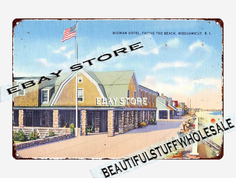 1930-45 Wigwam Hotel, facing beach, Misquamicut, Rhode Island tin sign