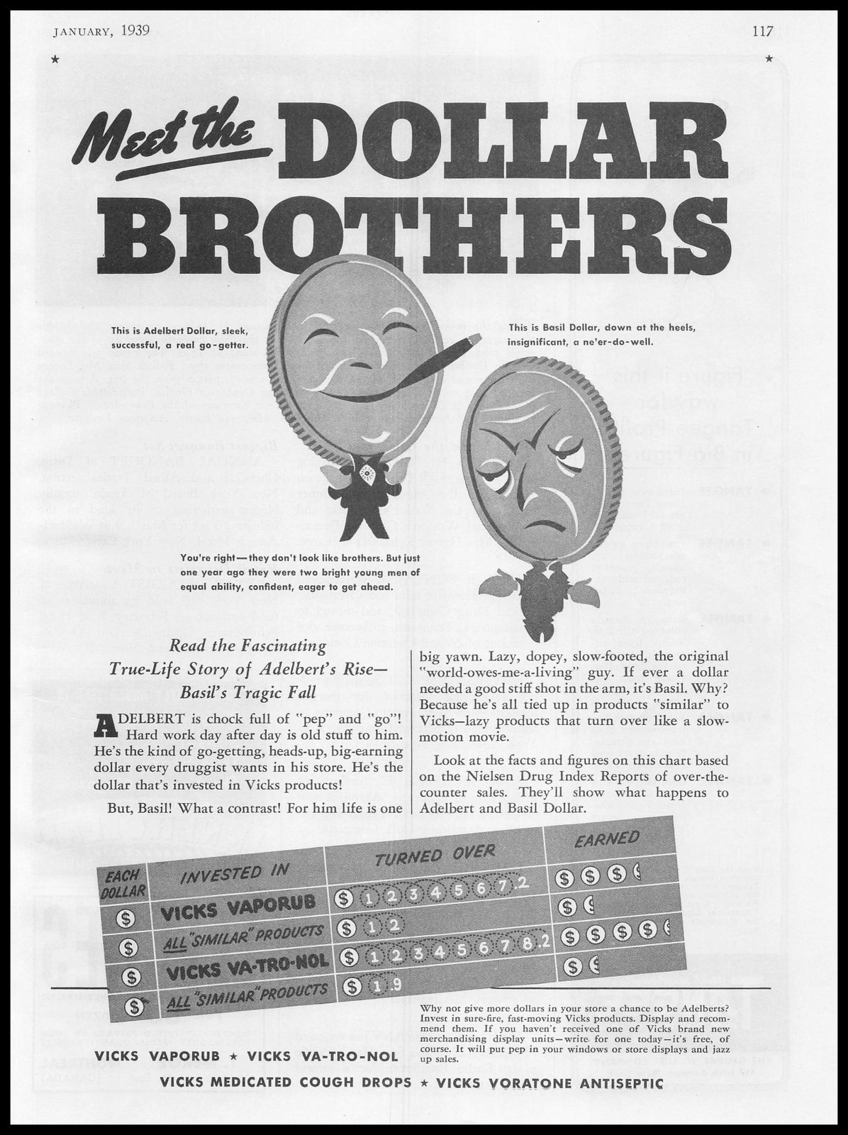 1939 Vicks Vaporub Vatronol “Meet The Dollar Brothers” Coin Cartoon Art Print Ad