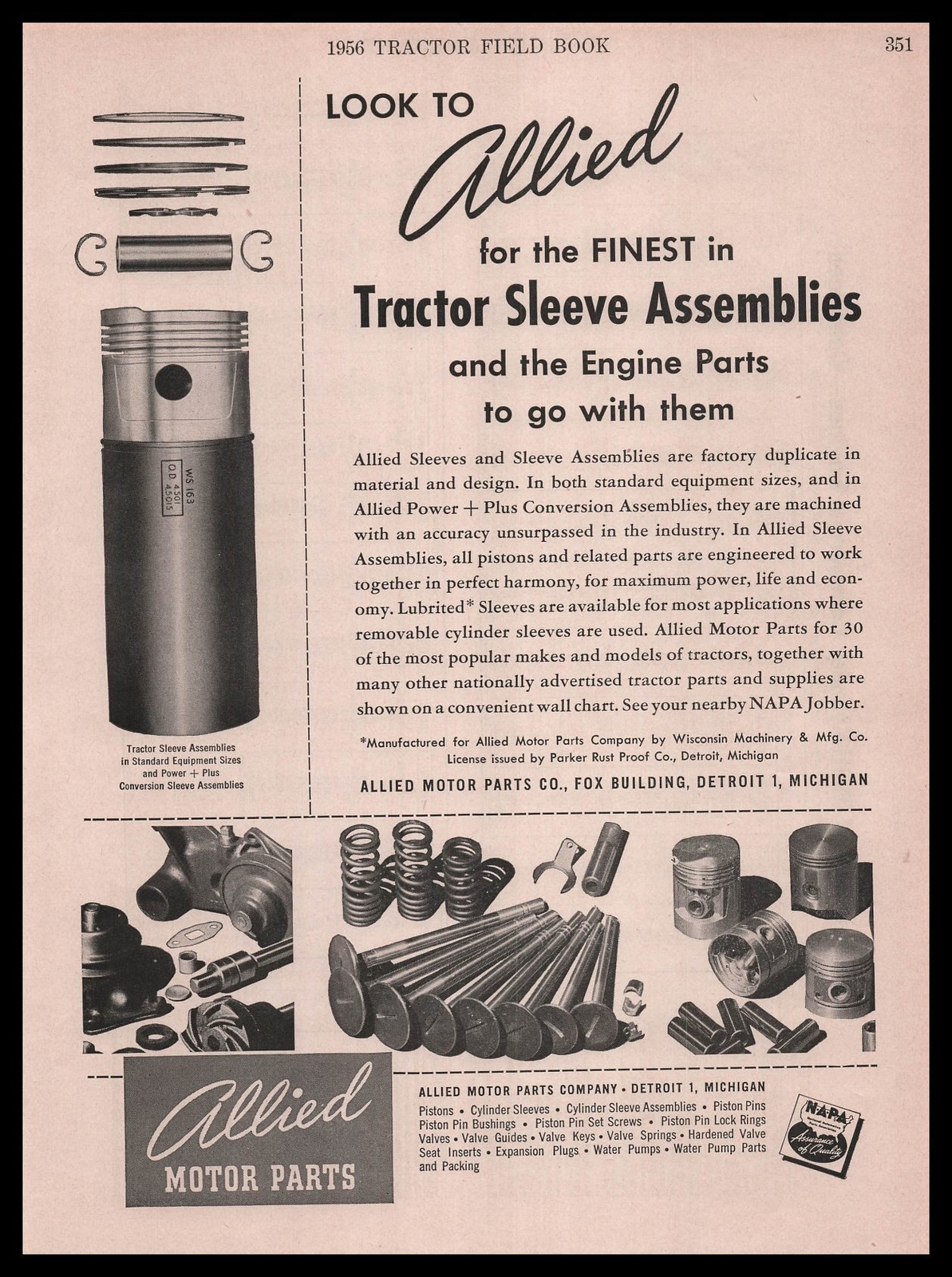1956 Allied Motor Parts Detroit Farm Tractor Sleeve Assemblies Vintage Print Ad