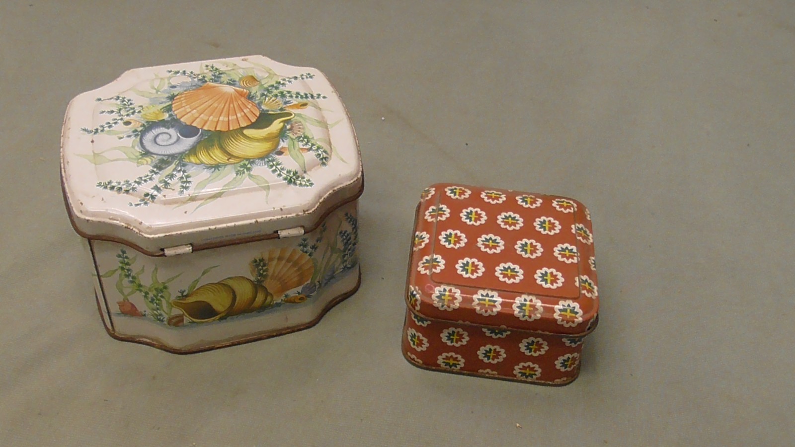 Two Small Floral and sea shells Vintage Metal Tins