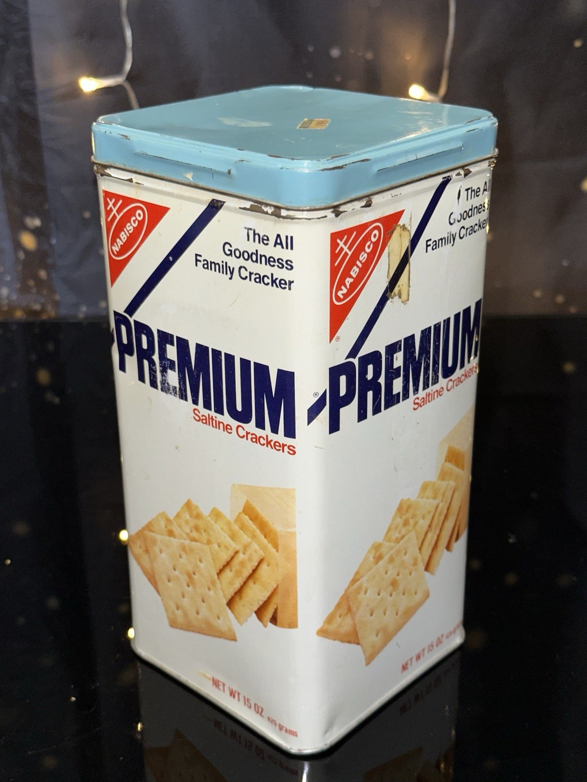 Vintage 1978 Nabisco Premium Saltine Crackers Tin Canister Blue Lid 16 Oz