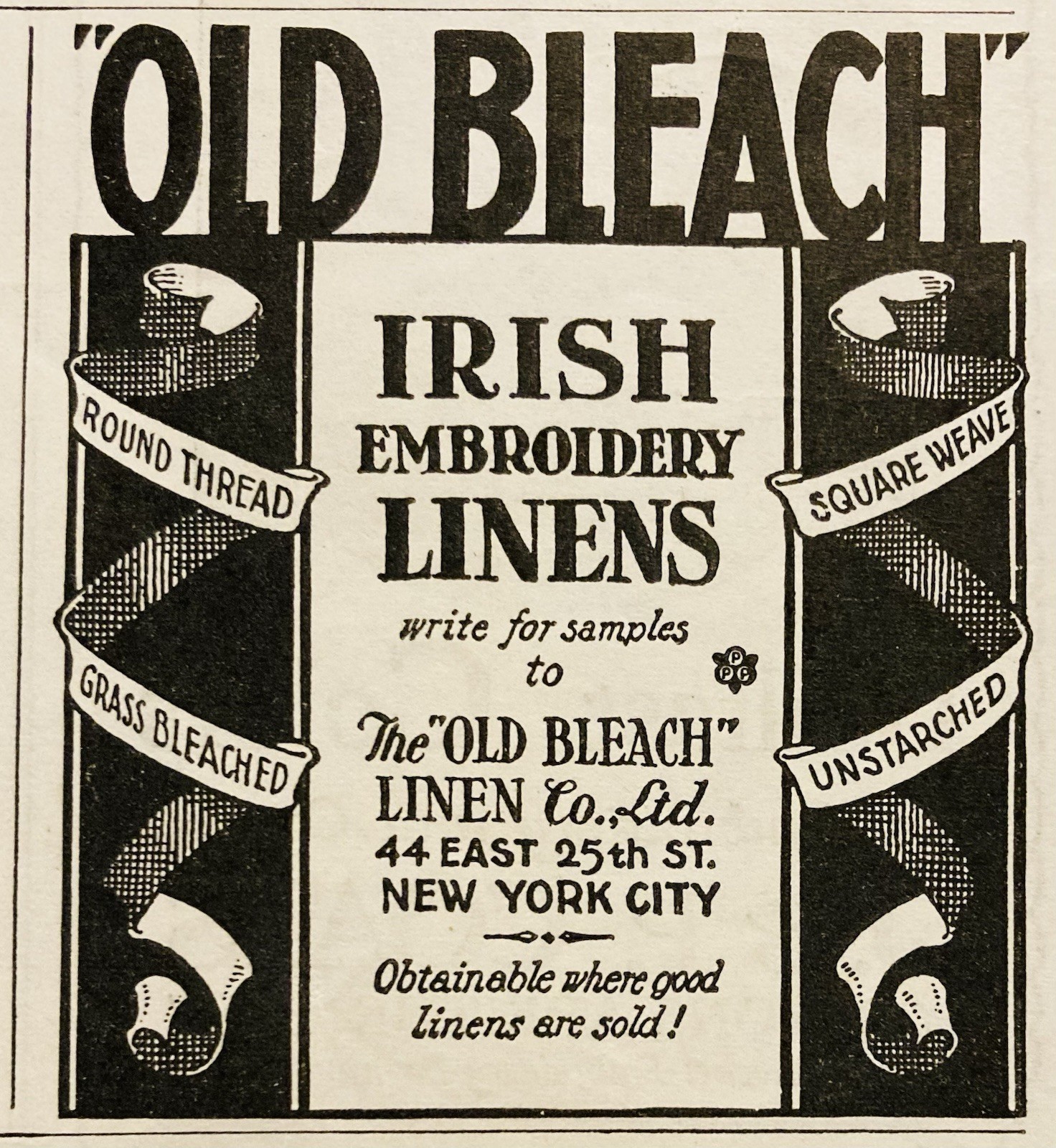 1926 AD.(N25)~THE “OLD BLEACH” LINEN CO. NYC. IRISH EMBROIDERY LINENS