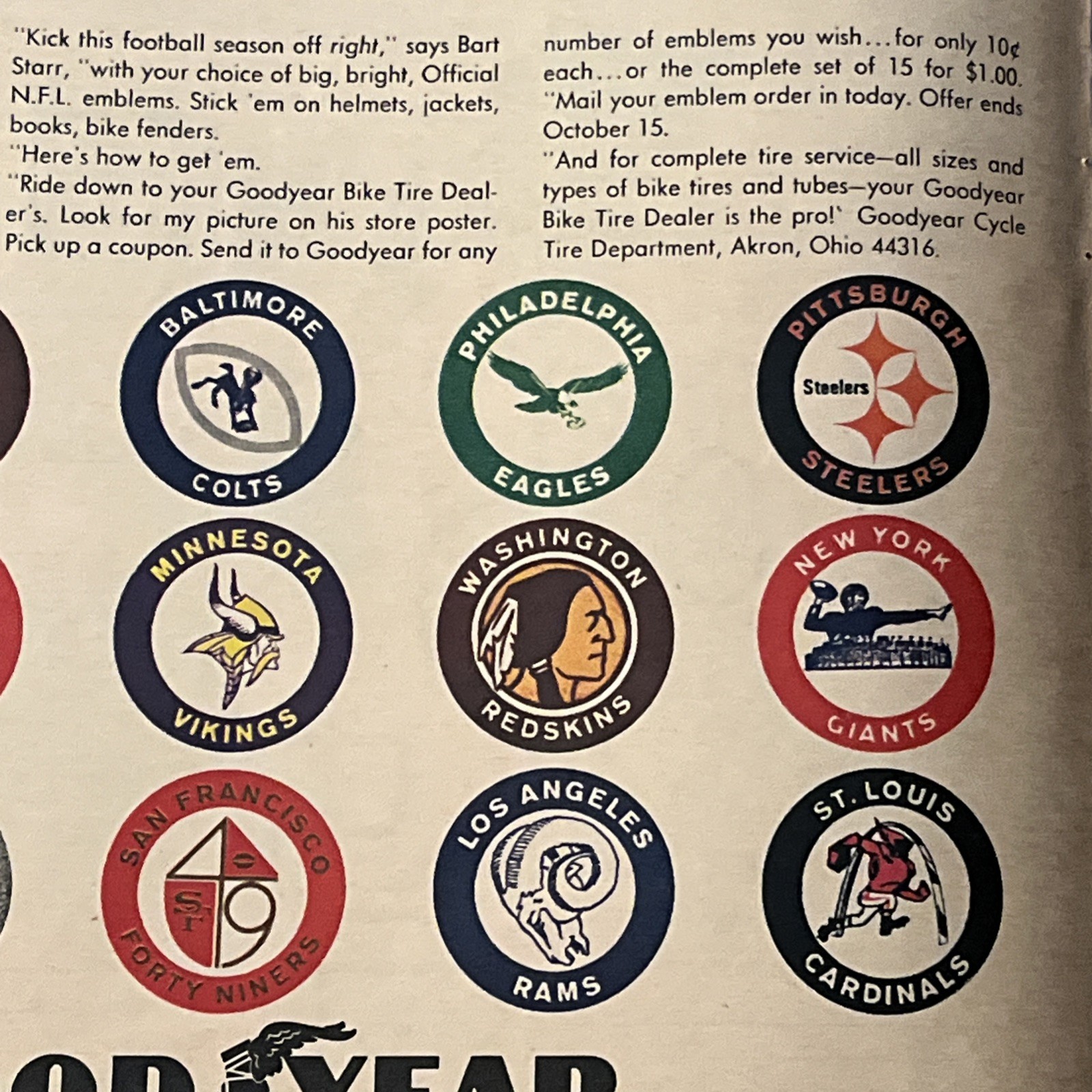 1966 GOODYEAR • BART START “NFL Emblems” Print Ad Advertisement • EX • Original