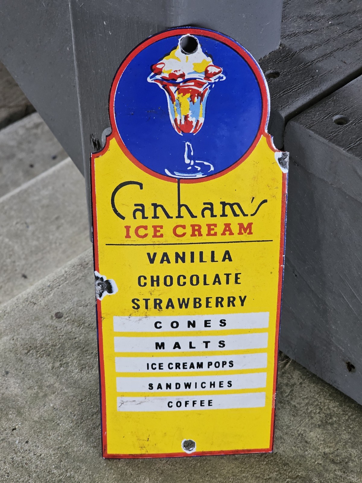 VERY NICE ORIGINAL VINTAGE PORCELAIN CANHAMS ICE CREAM SIGN 10 X 4