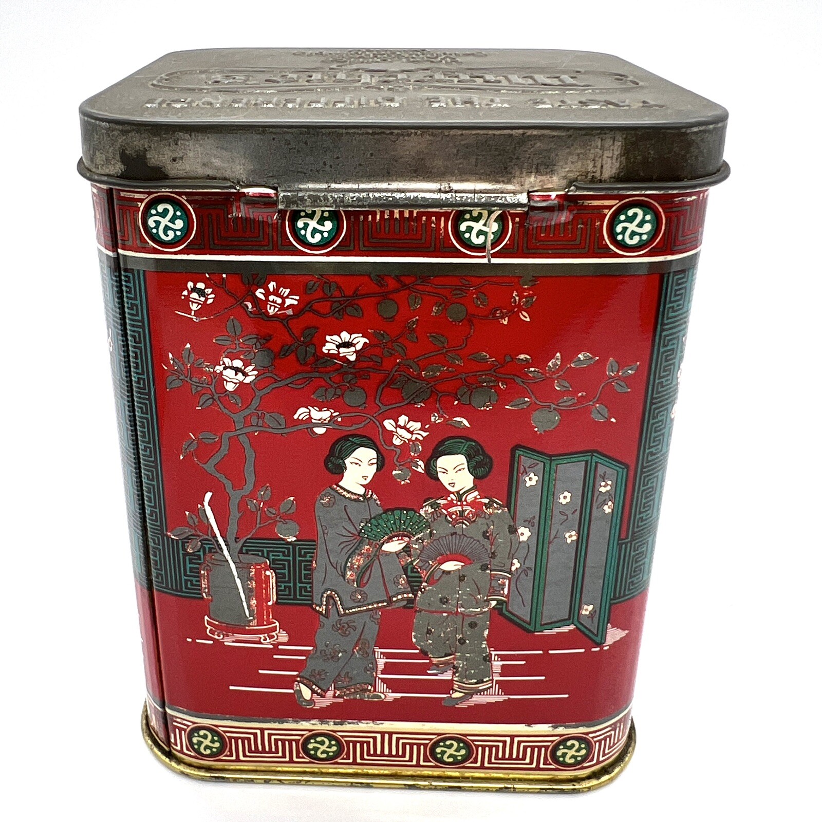 Vintage Murchie’s Tea Tin Asian Art Motif Red Green White 3” X 4”