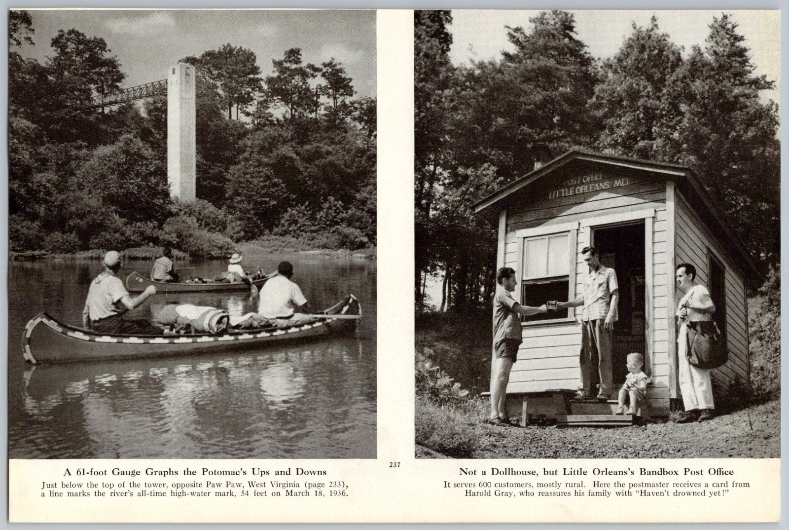 1948 Potomac River Canoe & Little Orleans Post Office MD WV Nat Geo Print Photo