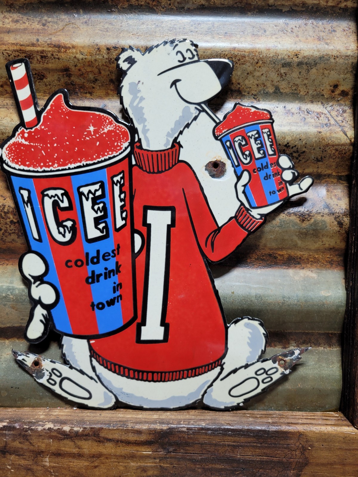 VINTAGE ICEE BEAR PORCELAIN SIGN OLD KIDS FROZEN BEVERAGE DRINK DIECUT ICED COLA