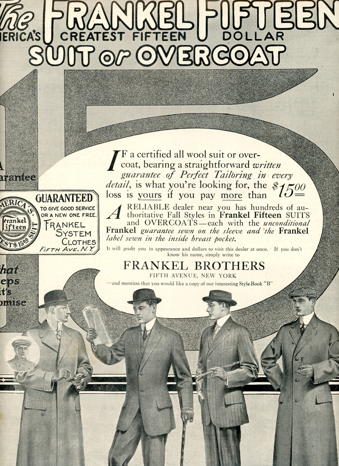 1911 Original Frankel Brothers Mens Clothing Ad. The Frankel 15 Suit Or Overcoat