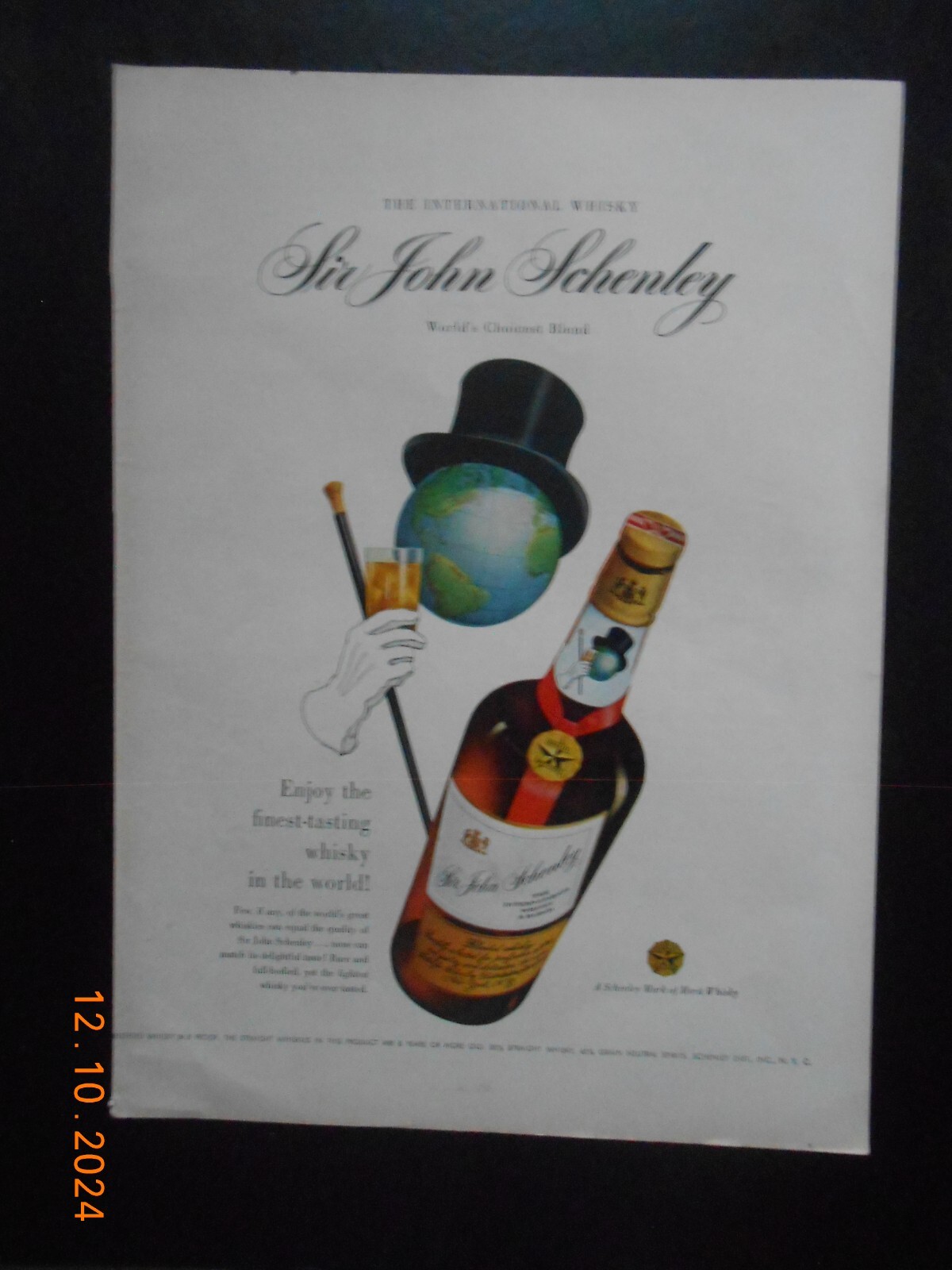1951 Sir John Schenley Whisky Top Hat Cane Vintage PRINT AD Stromberg-Carlson TV