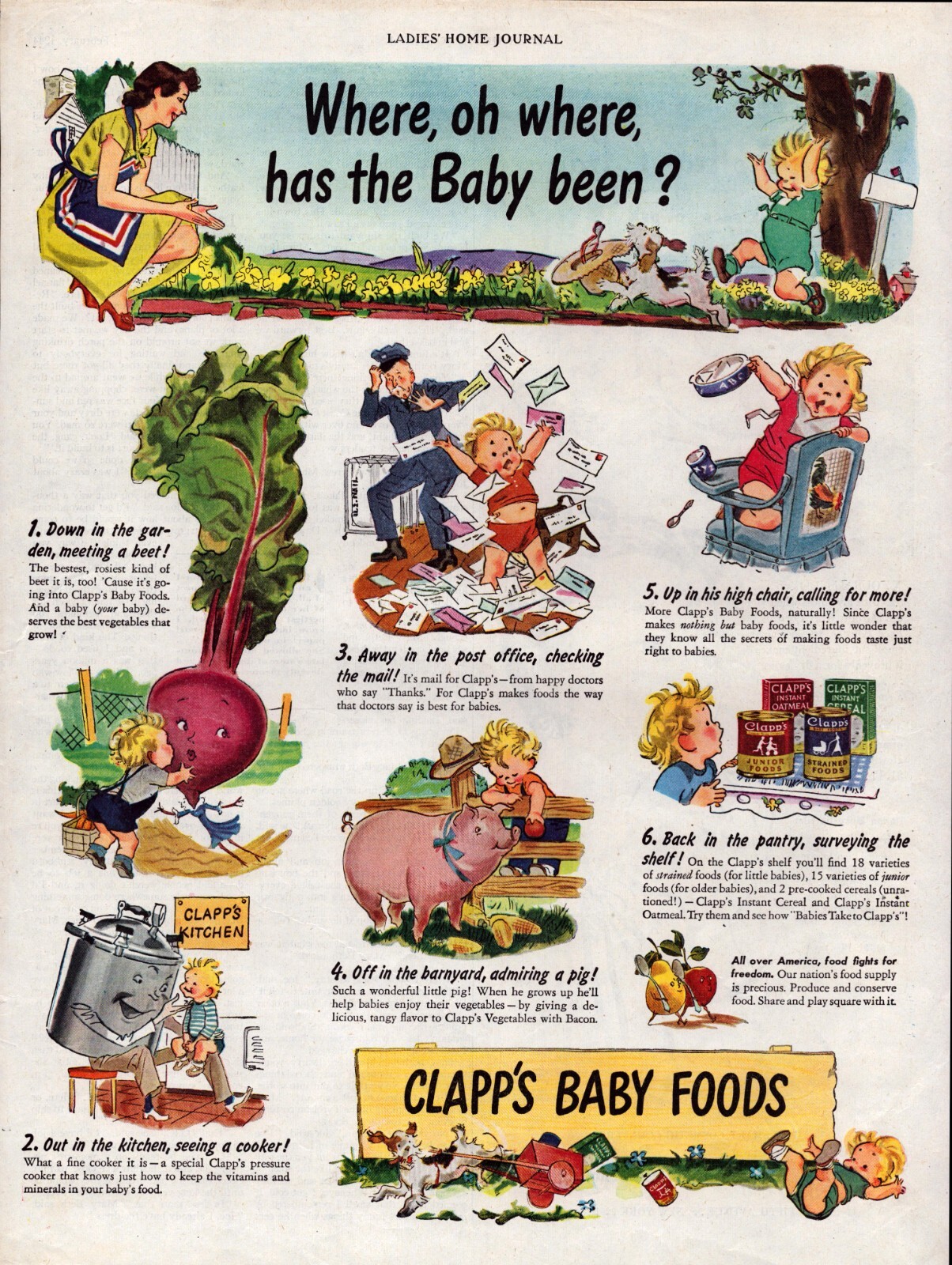 1944 Clapp’s Baby Food “Where, oh where, has the Baby been? Vintage Print Ad