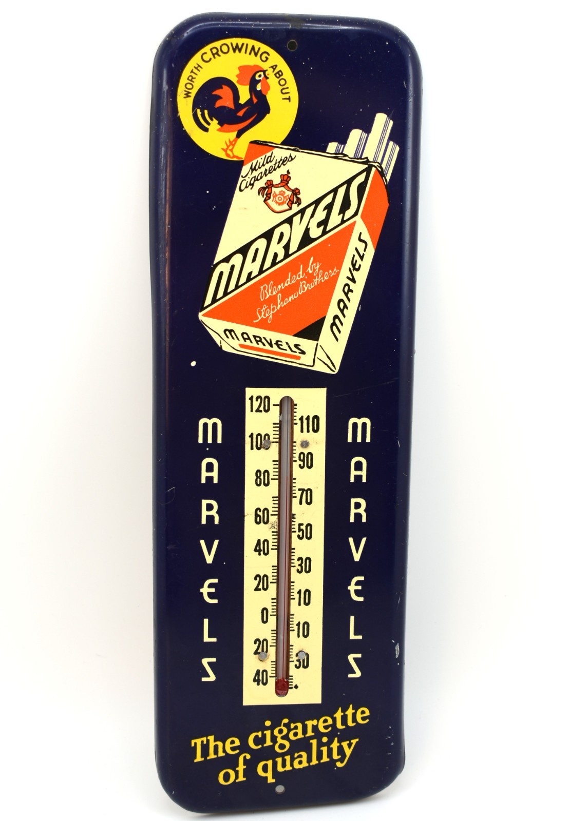 Marvels Cigarettes 1940’s Glass Thermometer in Tin Advertising Sign 12″ x 4″