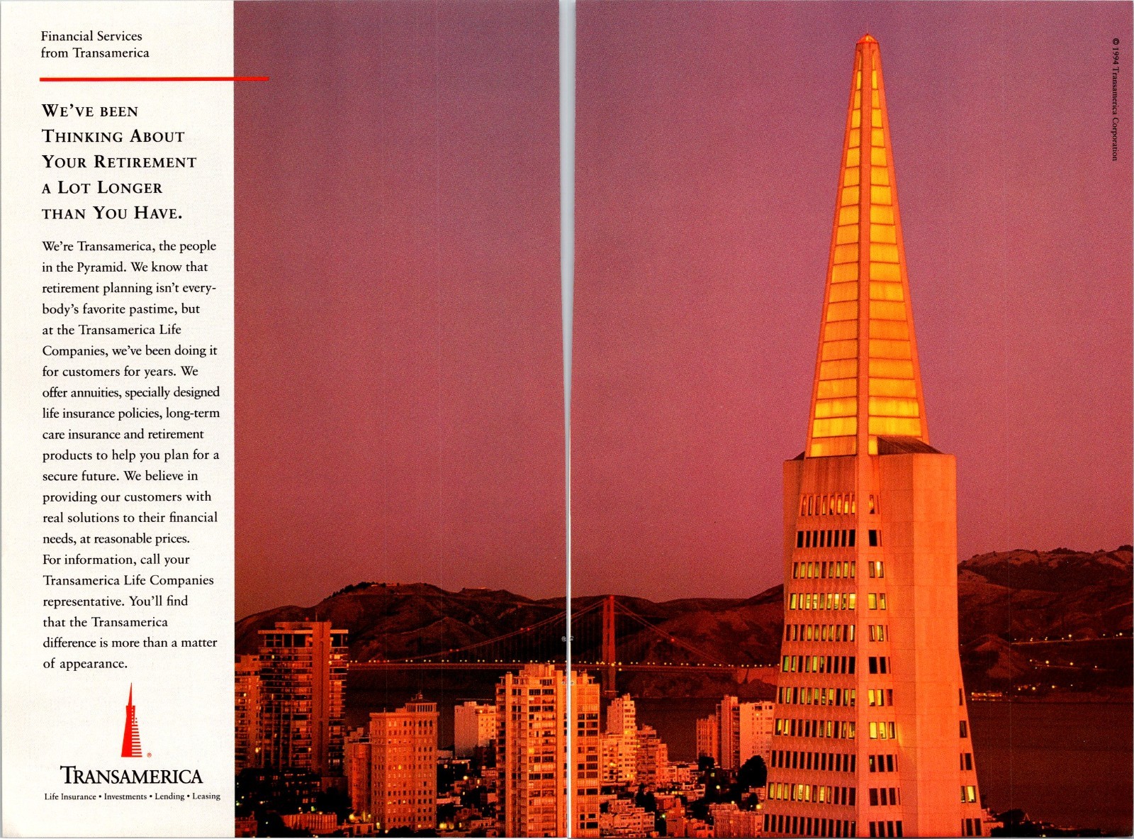 Transamerica Thinking about Retirement longer than You VTG Print Ad 1994 2 pg